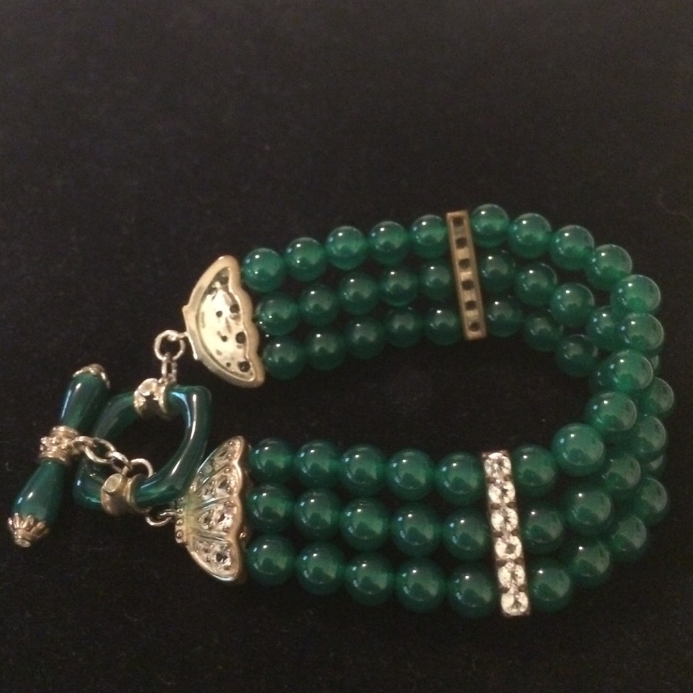 Triple strand green agate & white topaz bracelet.